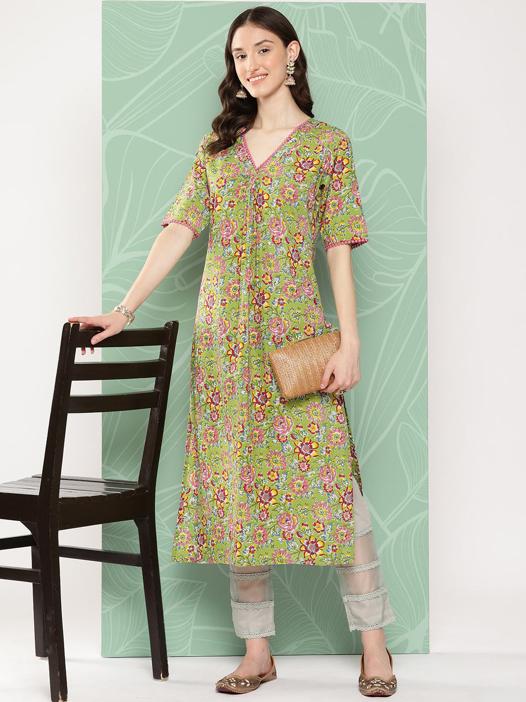 Janasya Women's Green Cotton Floral Printed Casual Straight Kurta | Grocsy