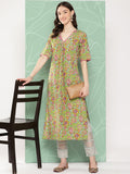 Janasya Women's Green Cotton Floral Printed Casual Straight Kurta | Grocsy
