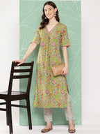 Janasya Women's Green Cotton Floral Printed Casual Straight Kurta | Grocsy