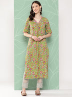 Janasya Women's Green Cotton Floral Printed Casual Straight Kurta | Grocsy