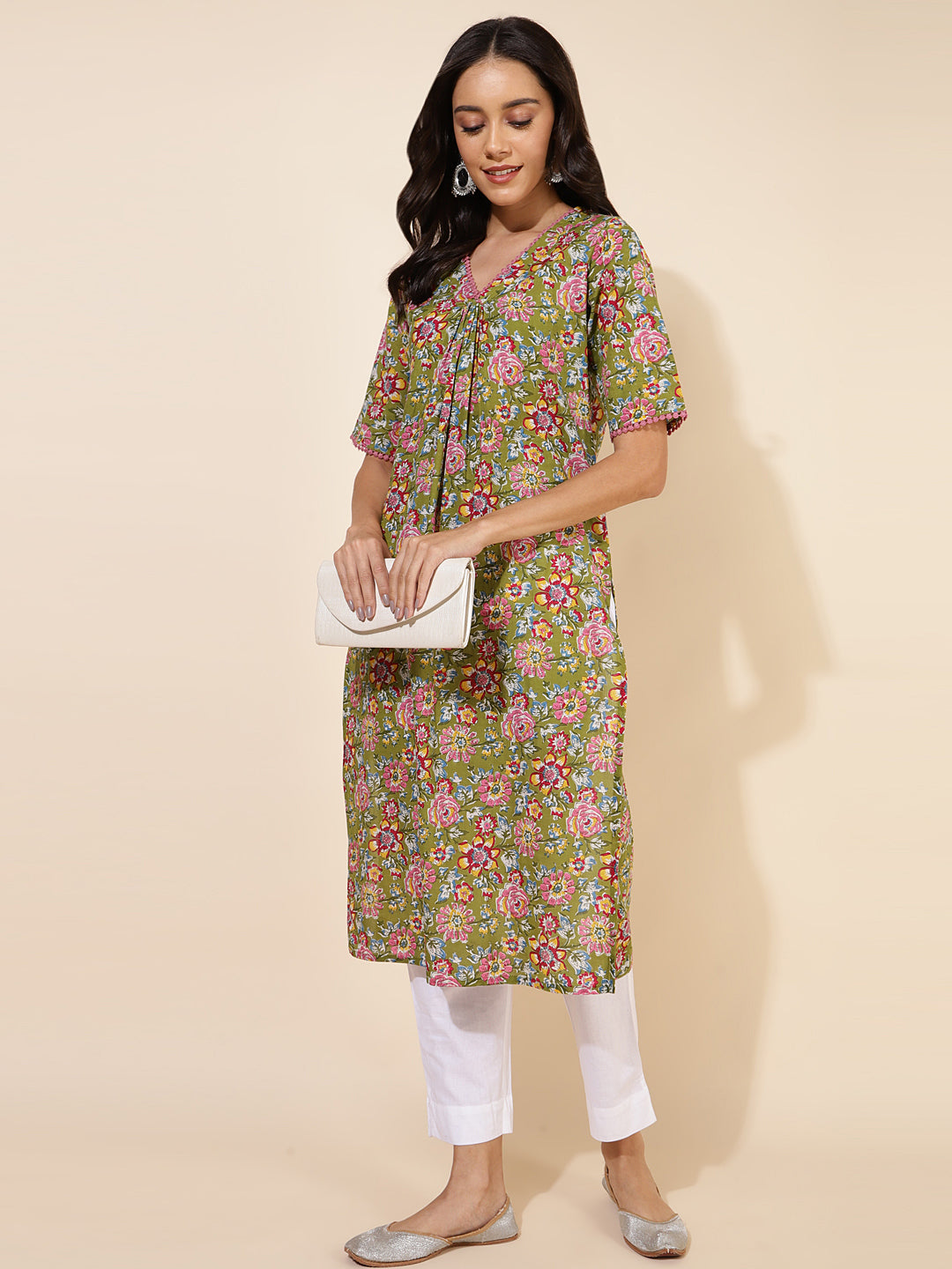 Janasya Green Cotton Floral Printed Casual Kurta | Grocsy