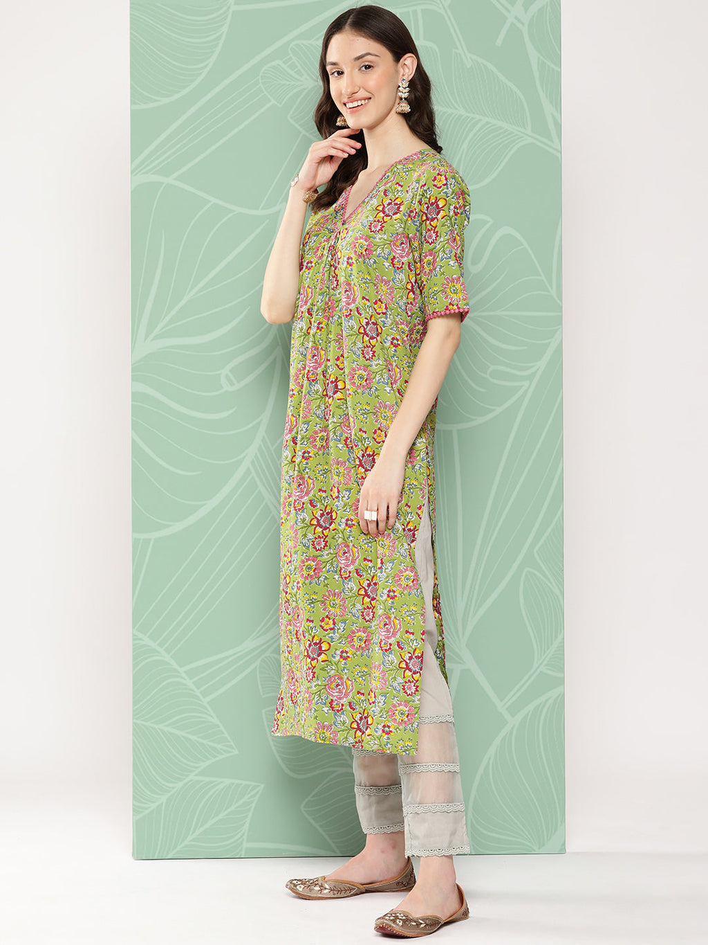 Janasya Women's Green Cotton Floral Printed Casual Straight Kurta | Grocsy
