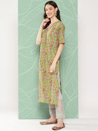 Janasya Women's Green Cotton Floral Printed Casual Straight Kurta | Grocsy