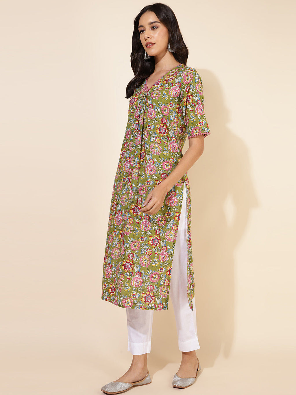 Janasya Green Cotton Floral Printed Casual Kurta | Grocsy