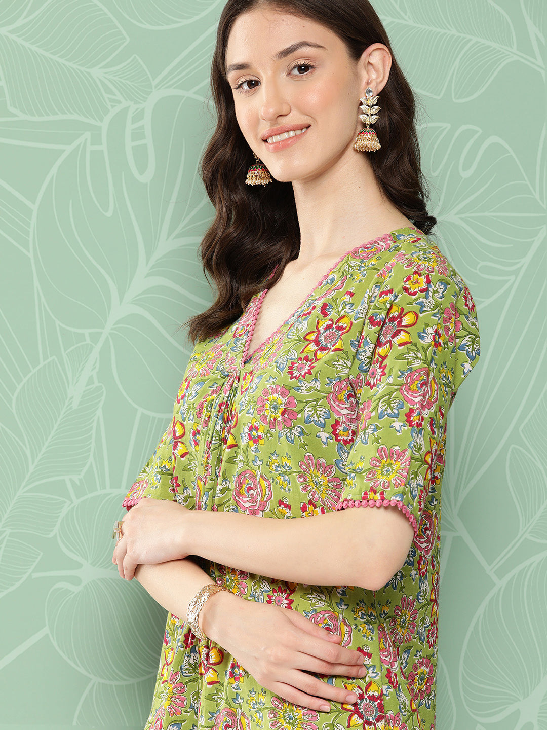 Janasya Women's Green Cotton Floral Printed Casual Straight Kurta | Grocsy