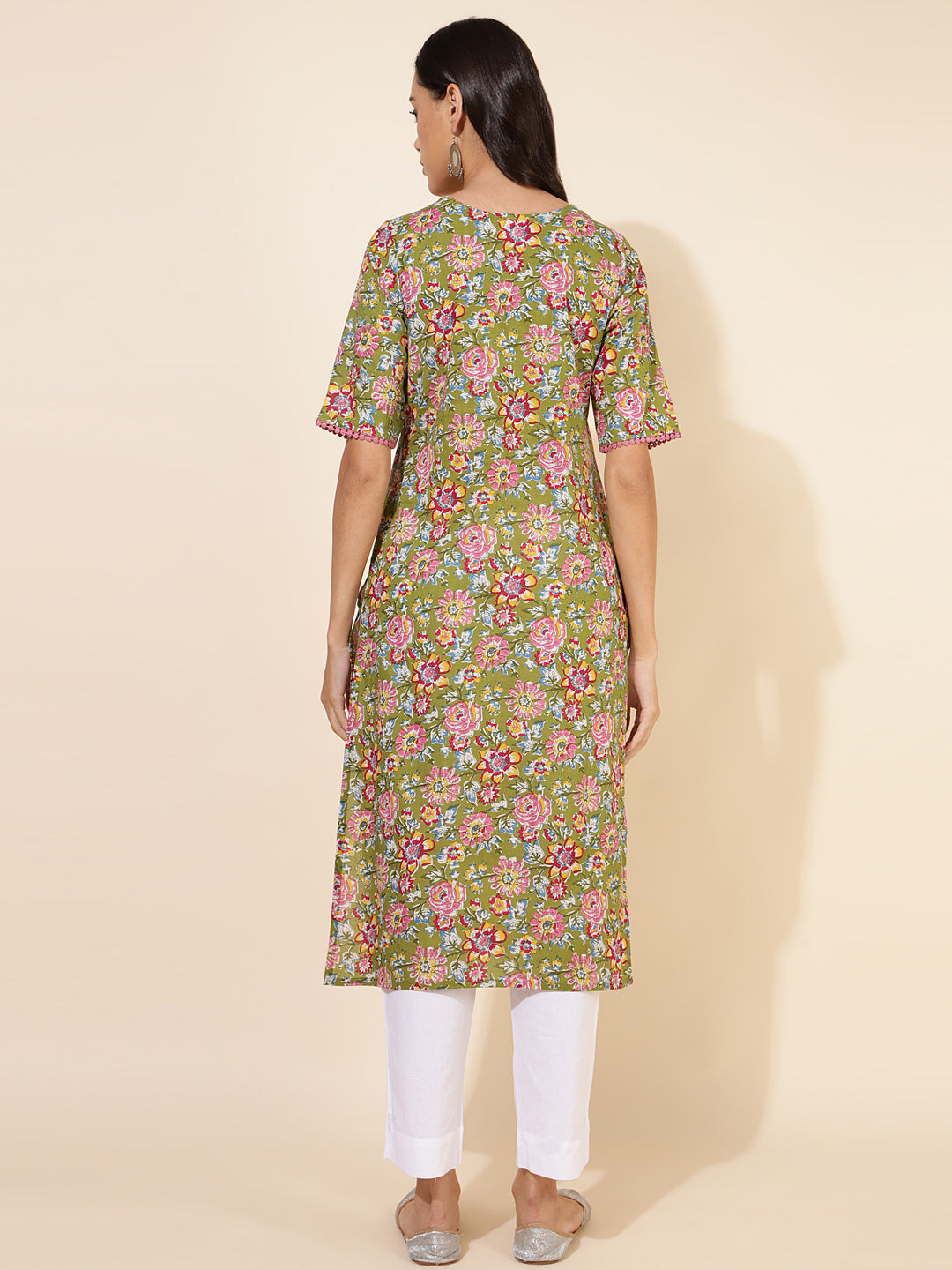 Janasya Green Cotton Floral Printed Casual Kurta | Grocsy
