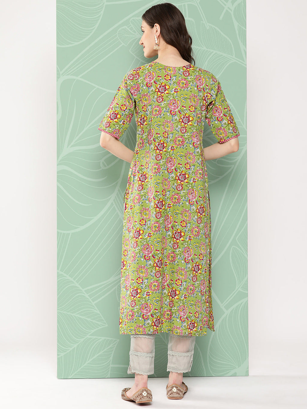 Janasya Women's Green Cotton Floral Printed Casual Straight Kurta | Grocsy