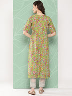 Janasya Women's Green Cotton Floral Printed Casual Straight Kurta | Grocsy