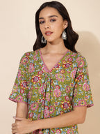 Janasya Green Cotton Floral Printed Casual Kurta | Grocsy