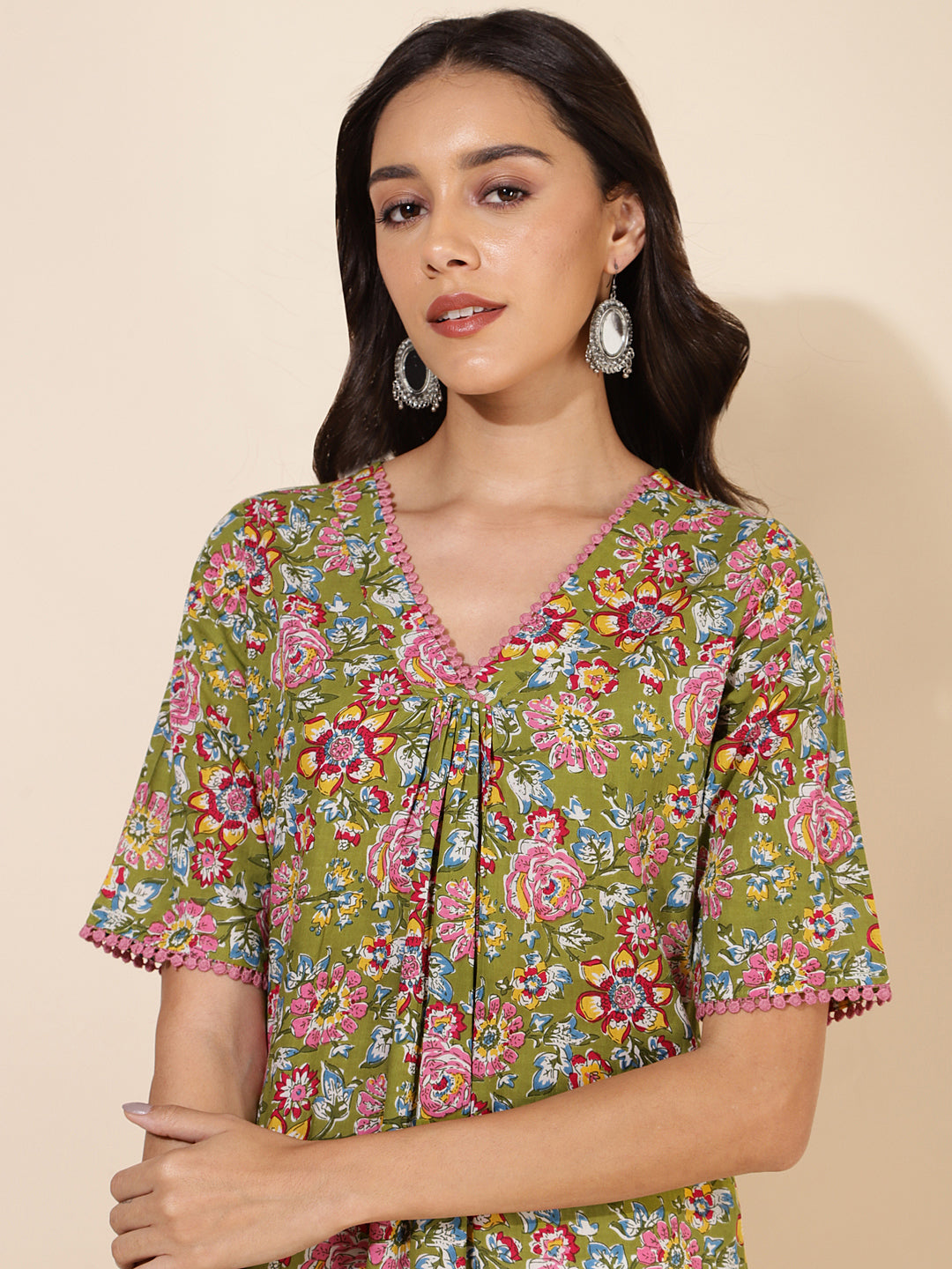 Janasya Green Cotton Floral Printed Casual Kurta | Grocsy