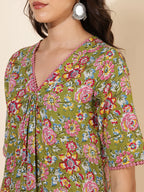 Janasya Green Cotton Floral Printed Casual Kurta | Grocsy