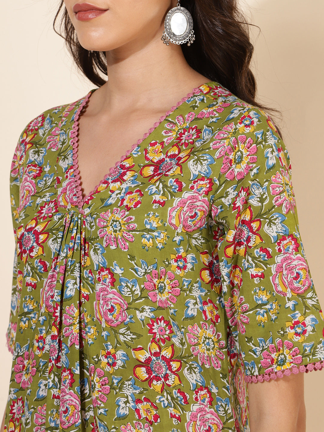 Janasya Green Cotton Floral Printed Casual Kurta | Grocsy