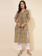 Janasya Green Cotton Floral Printed Casual Kurta | Grocsy