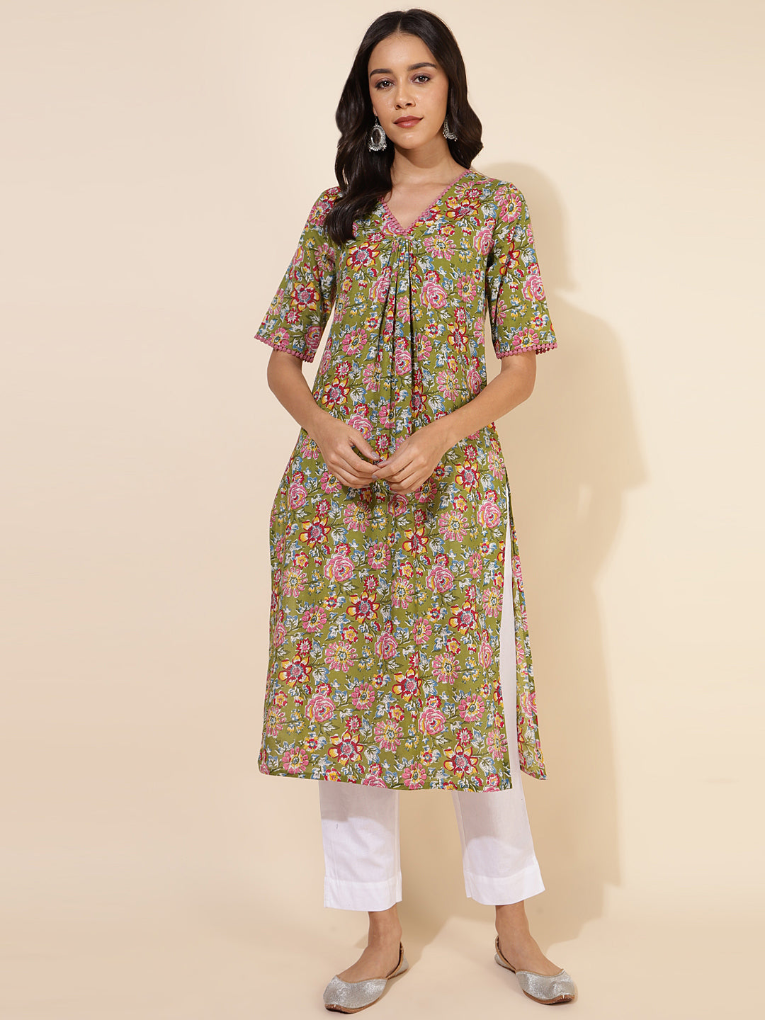 Janasya Green Cotton Floral Printed Casual Kurta | Grocsy