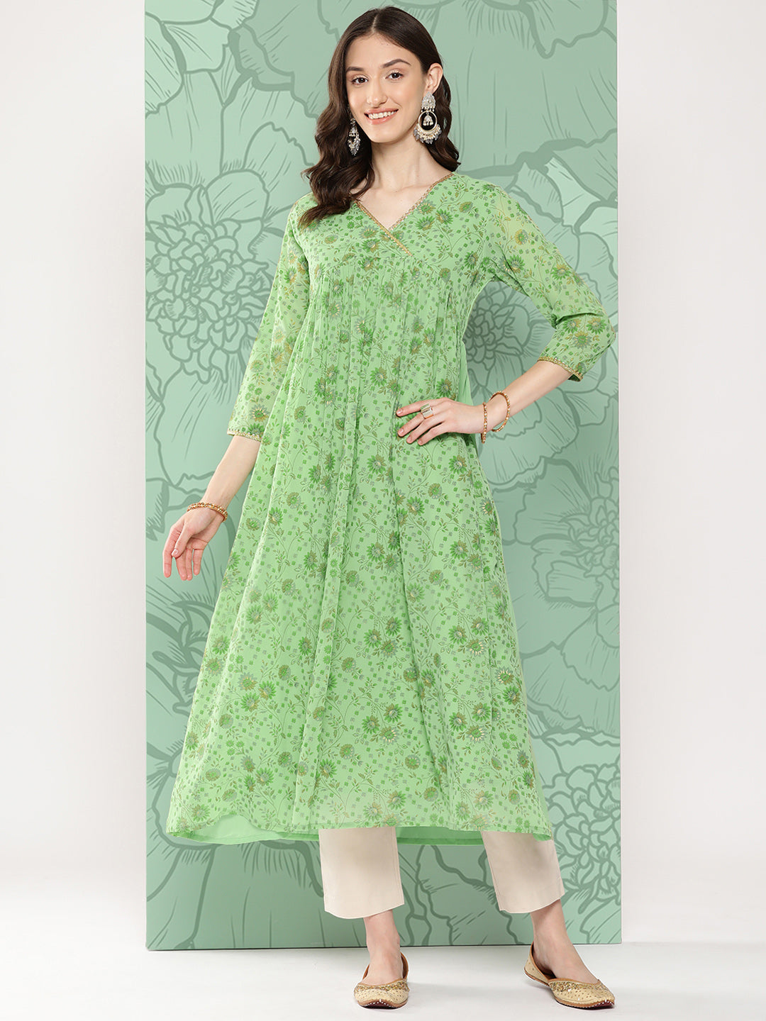 Janasya Women's Light Green Georgette Digital Floral Printed Festive Flared Kurta | Grocsy