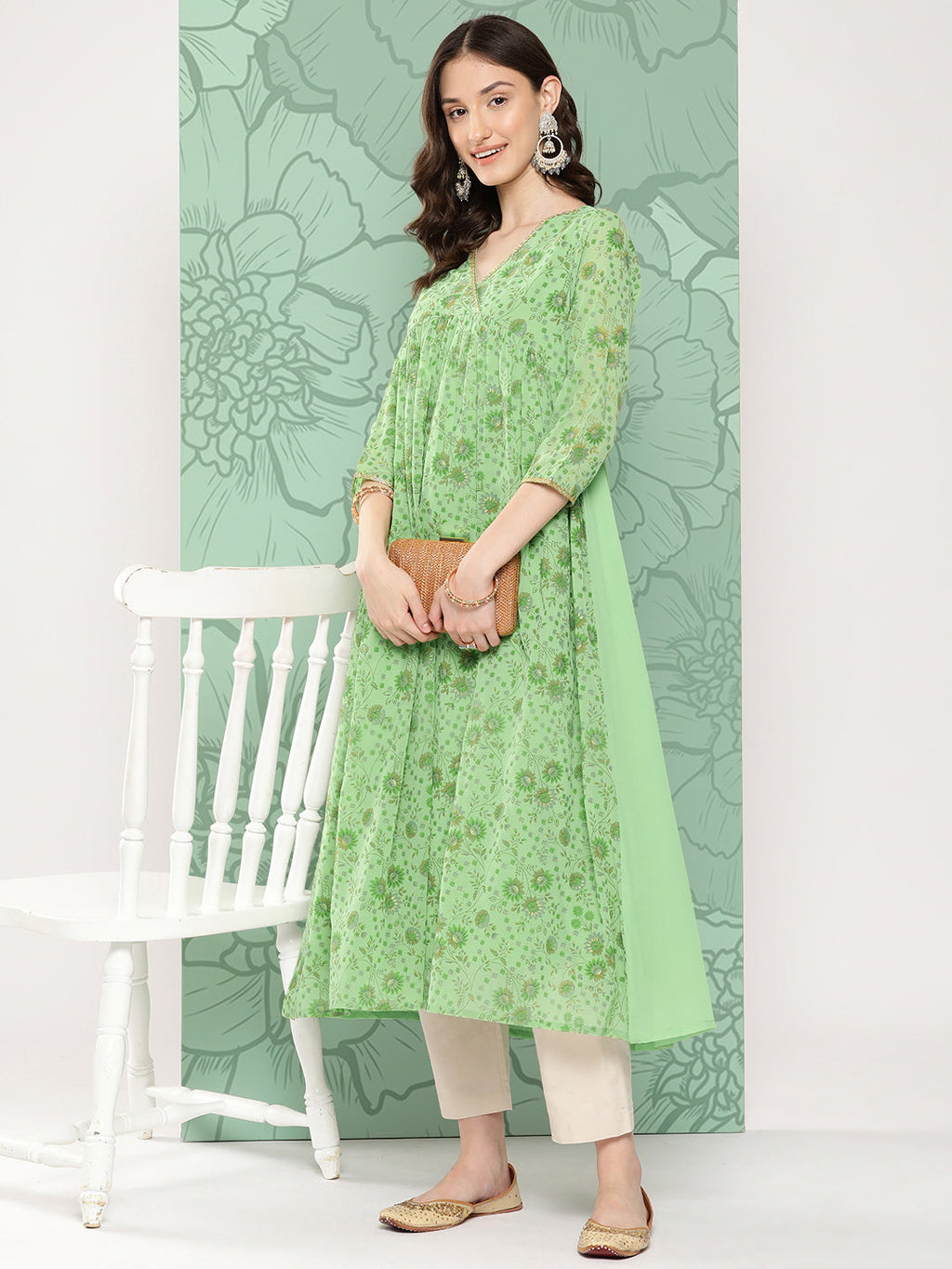 Janasya Women's Light Green Georgette Digital Floral Printed Festive Flared Kurta | Grocsy