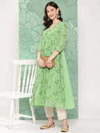 Janasya Women's Light Green Georgette Digital Floral Printed Festive Flared Kurta | Grocsy