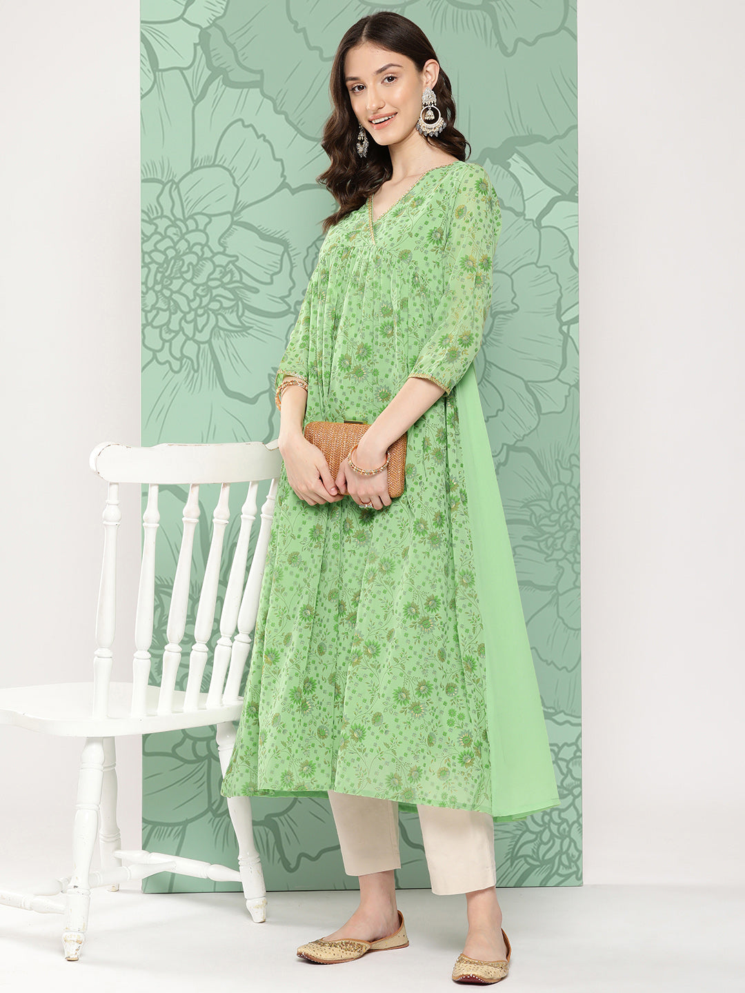 Janasya Women's Light Green Georgette Digital Floral Printed Festive Flared Kurta | Grocsy