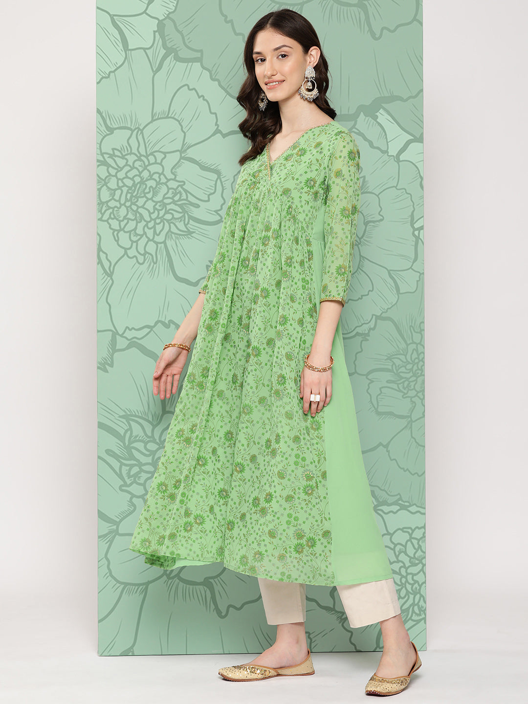 Janasya Women's Light Green Georgette Digital Floral Printed Festive Flared Kurta | Grocsy