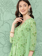 Janasya Women's Light Green Georgette Digital Floral Printed Festive Flared Kurta | Grocsy