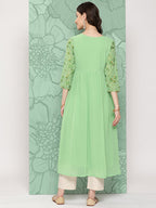 Janasya Women's Light Green Georgette Digital Floral Printed Festive Flared Kurta | Grocsy