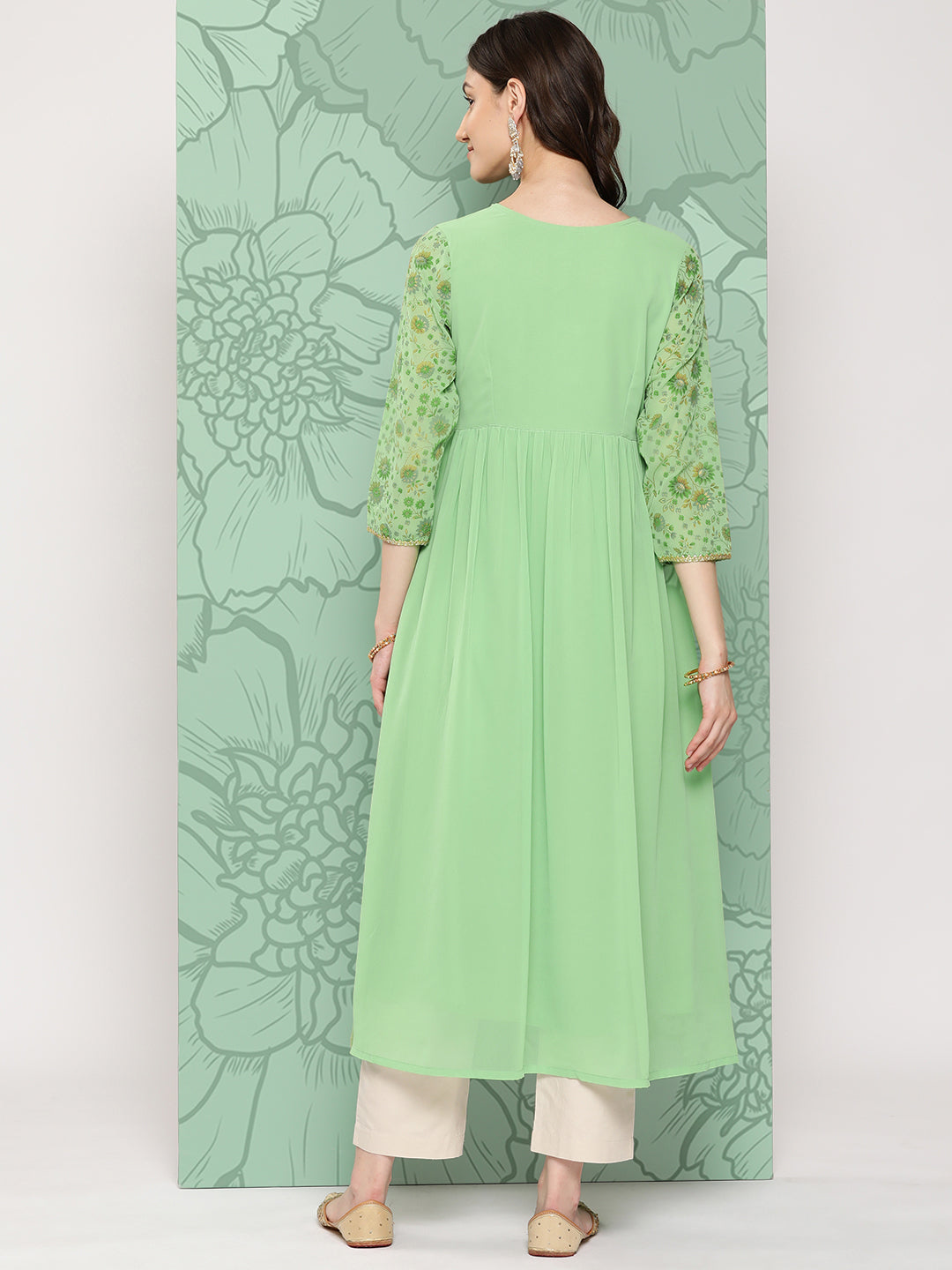 Janasya Women's Light Green Georgette Digital Floral Printed Festive Flared Kurta | Grocsy
