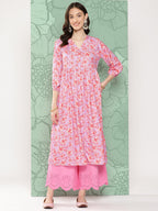 Janasya Women's Lavender Moss Digital Floral Printed Casual Gathered Kurta | Grocsy