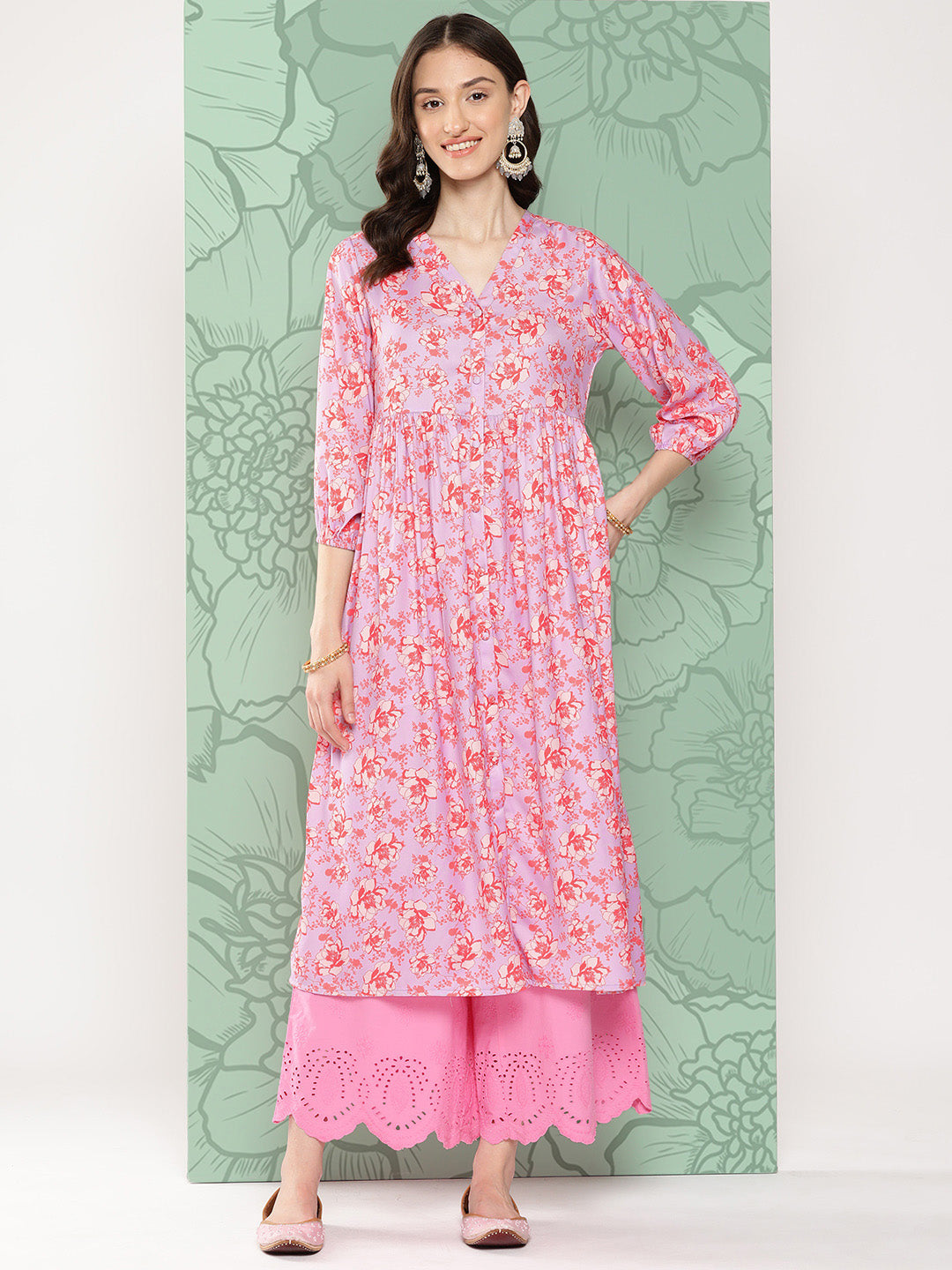 Janasya Women's Lavender Moss Digital Floral Printed Casual Gathered Kurta | Grocsy