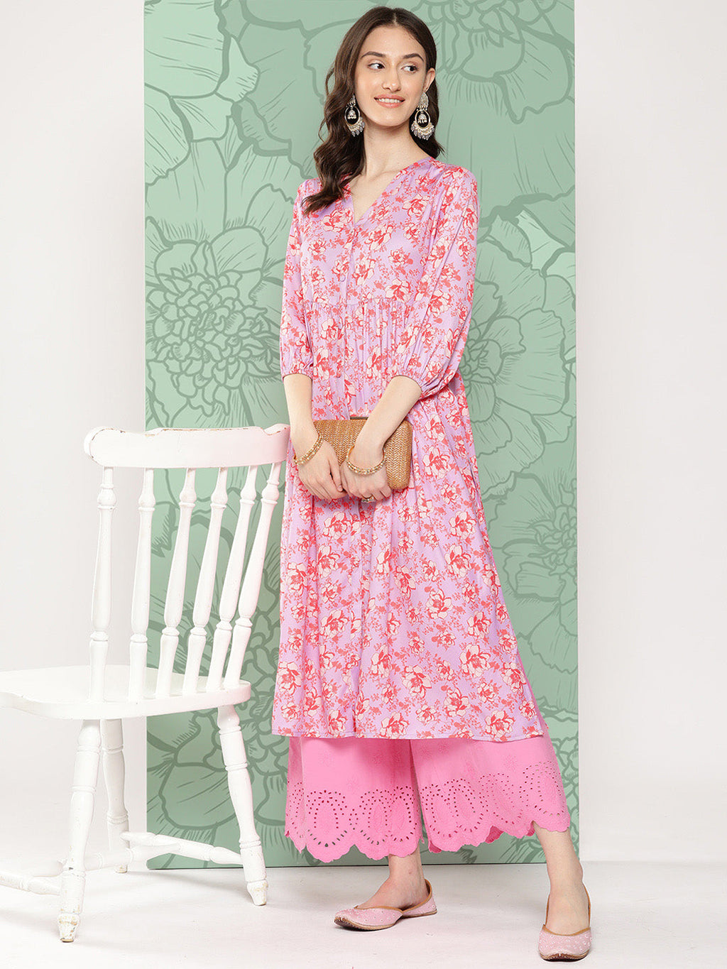 Janasya Women's Lavender Moss Digital Floral Printed Casual Gathered Kurta | Grocsy