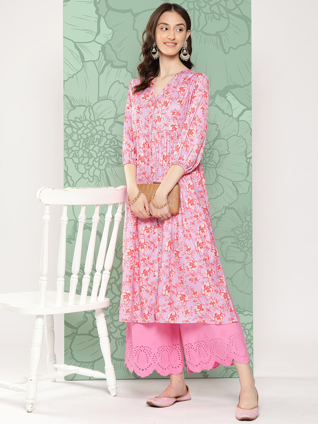Janasya Women's Lavender Moss Digital Floral Printed Casual Gathered Kurta | Grocsy