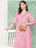 Janasya Women's Lavender Moss Digital Floral Printed Casual Gathered Kurta | Grocsy