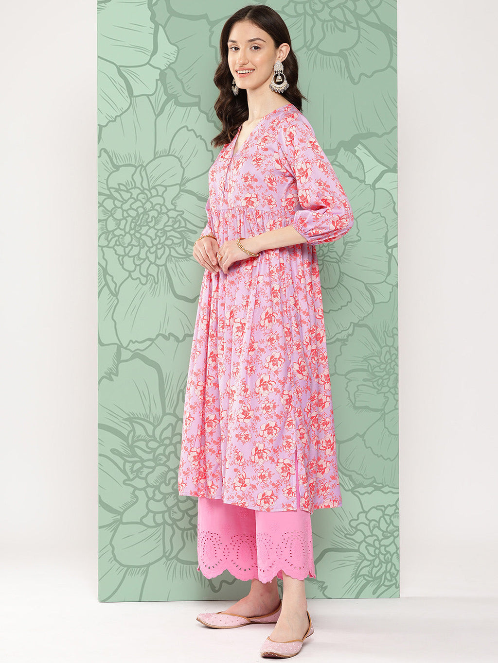Janasya Women's Lavender Moss Digital Floral Printed Casual Gathered Kurta | Grocsy