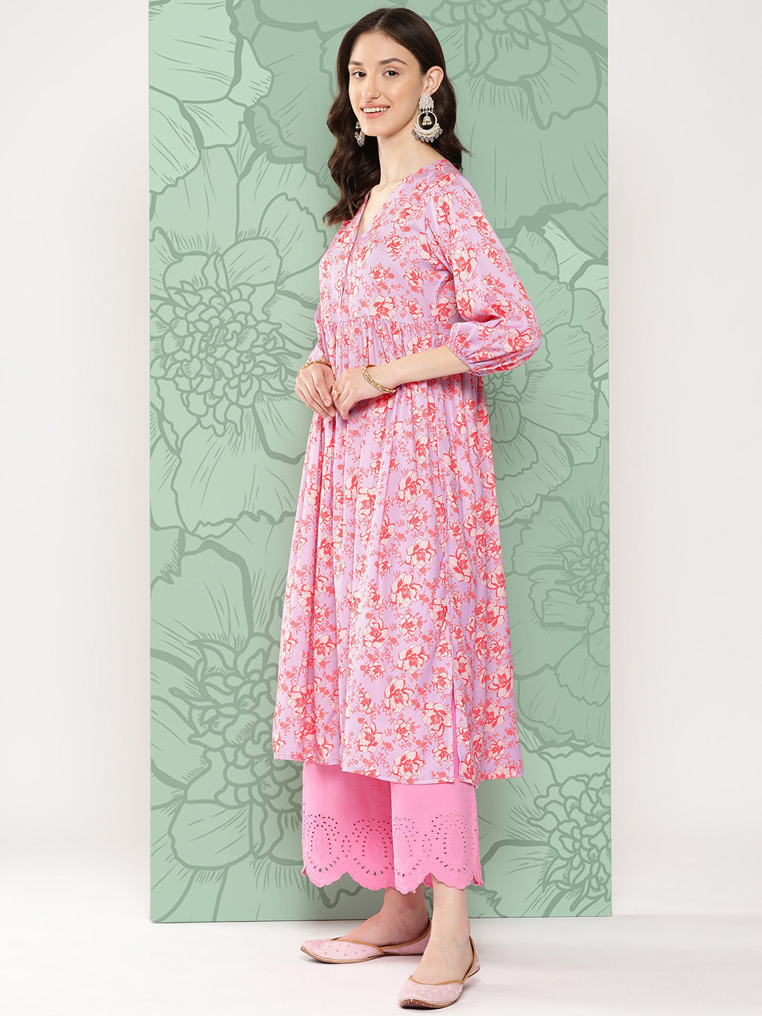 Janasya Women's Lavender Moss Digital Floral Printed Casual Gathered Kurta | Grocsy