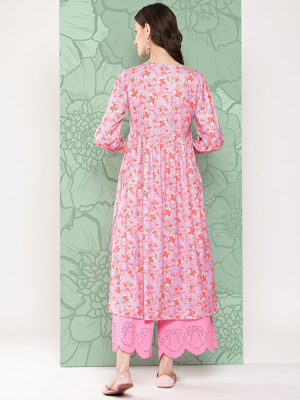Janasya Women's Lavender Moss Digital Floral Printed Casual Gathered Kurta | Grocsy