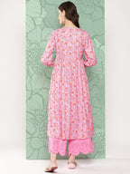 Janasya Women's Lavender Moss Digital Floral Printed Casual Gathered Kurta | Grocsy