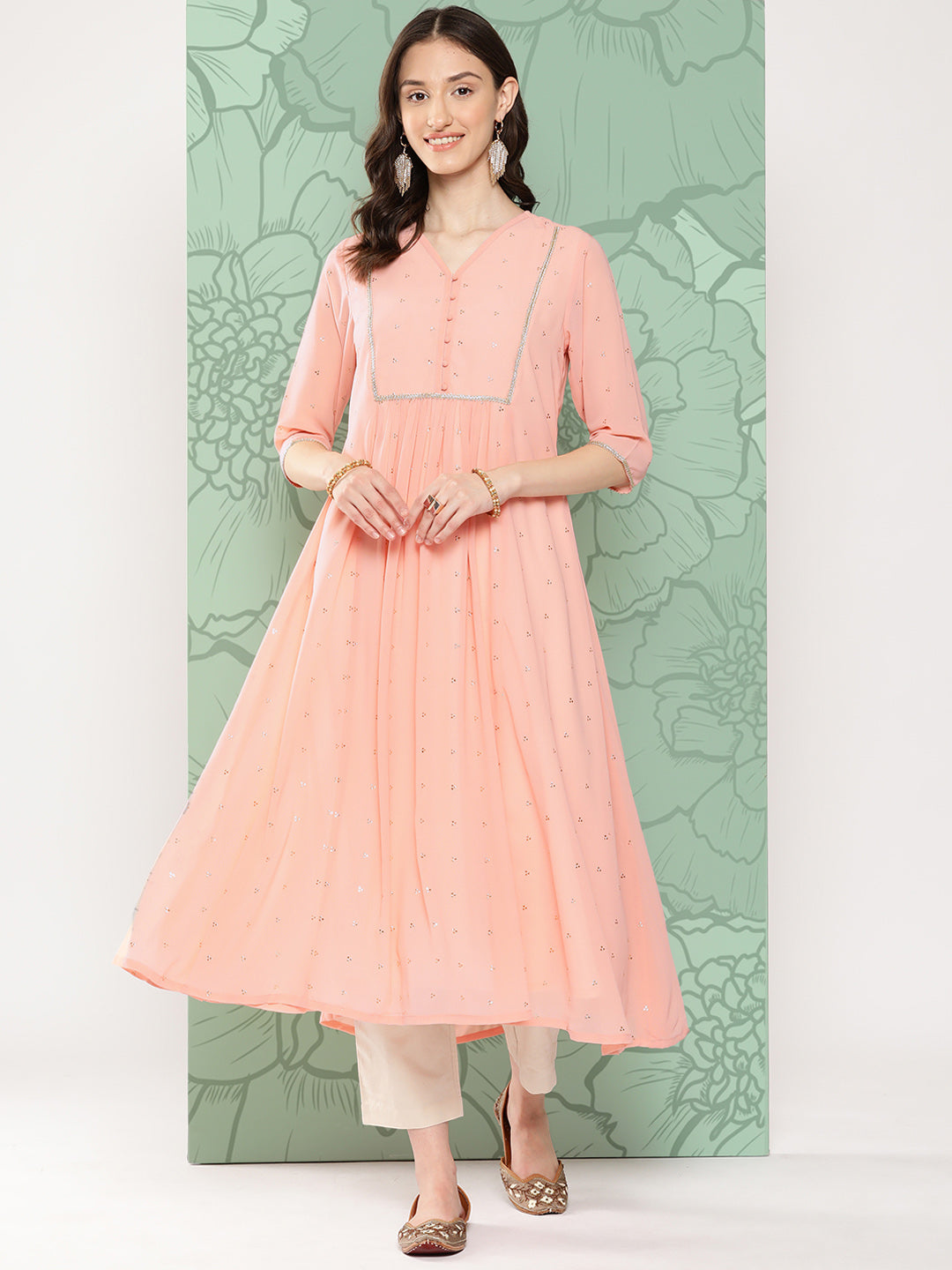 Janasya Women's Peach Georgette Embossed Work Festive Gathered Kurta | Grocsy