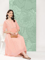 Janasya Women's Peach Georgette Embossed Work Festive Gathered Kurta | Grocsy