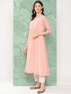 Janasya Women's Peach Georgette Embossed Work Festive Gathered Kurta | Grocsy