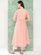 Janasya Women's Peach Georgette Embossed Work Festive Gathered Kurta | Grocsy