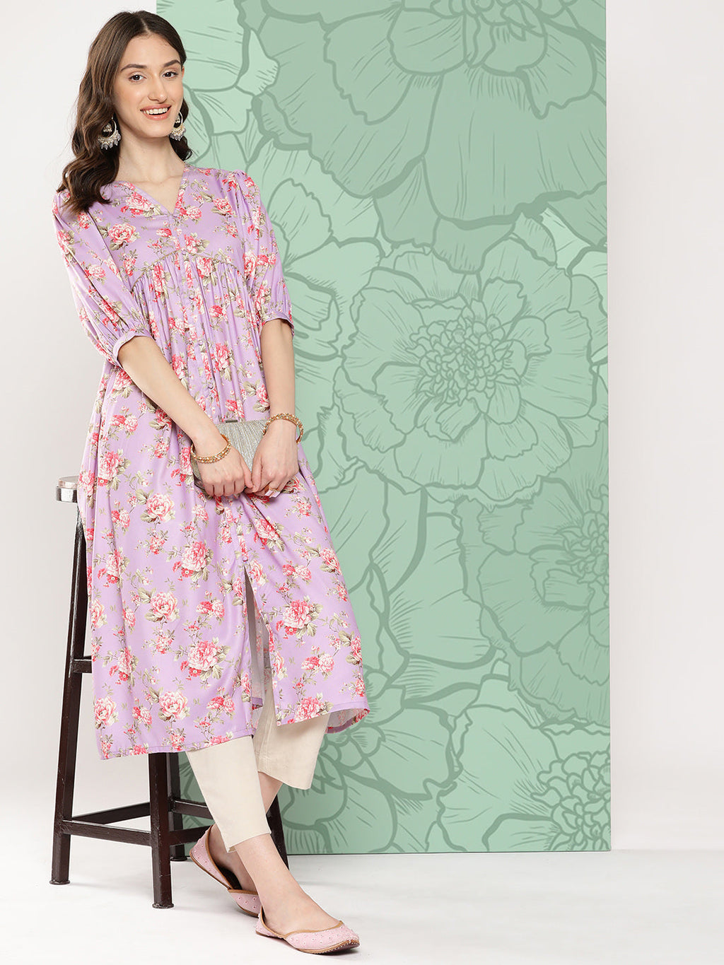 Janasya Women's Lavender Moss Digital Floral Printed Festive Flared Kurta | Grocsy