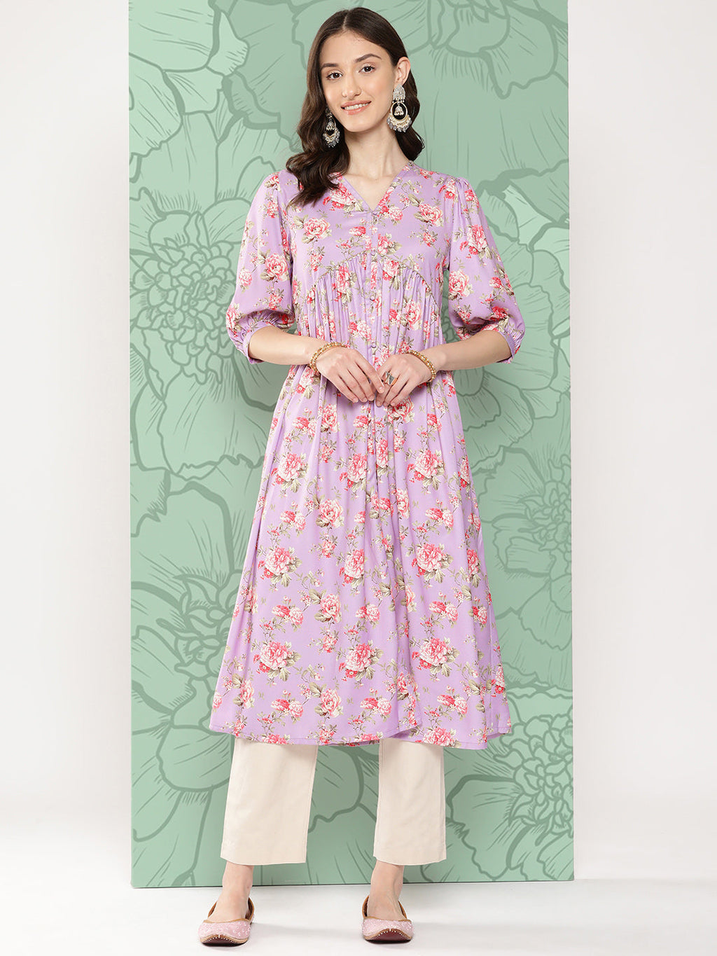 Janasya Women's Lavender Moss Digital Floral Printed Festive Flared Kurta | Grocsy