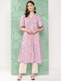 Janasya Women's Lavender Moss Digital Floral Printed Festive Flared Kurta | Grocsy