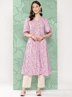 Janasya Women's Lavender Moss Digital Floral Printed Festive Flared Kurta | Grocsy