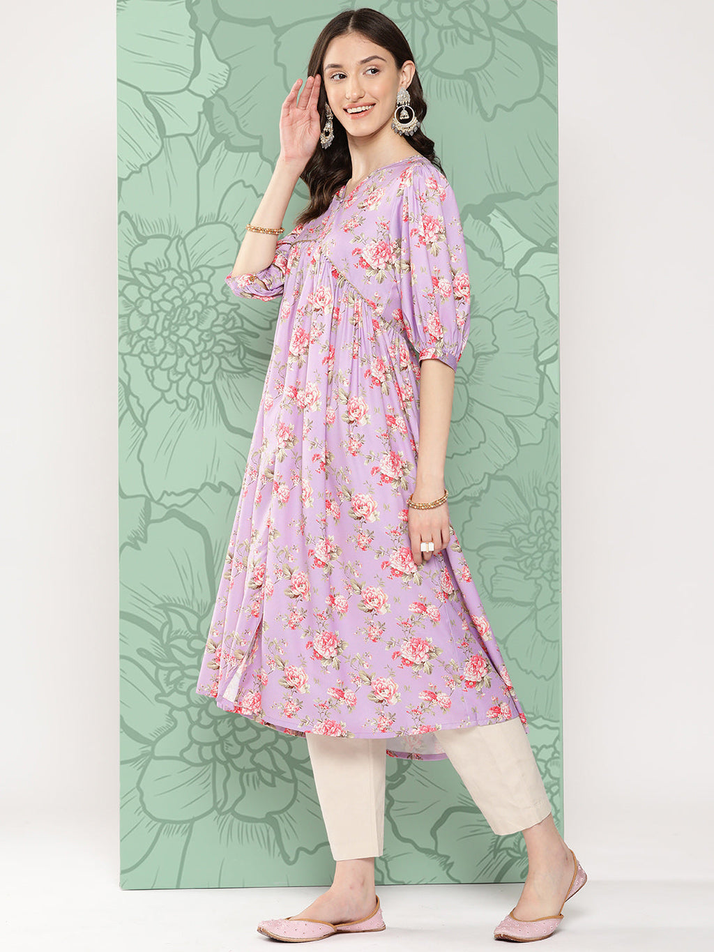 Janasya Women's Lavender Moss Digital Floral Printed Festive Flared Kurta | Grocsy