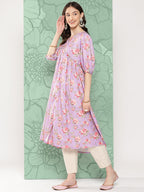 Janasya Women's Lavender Moss Digital Floral Printed Festive Flared Kurta | Grocsy