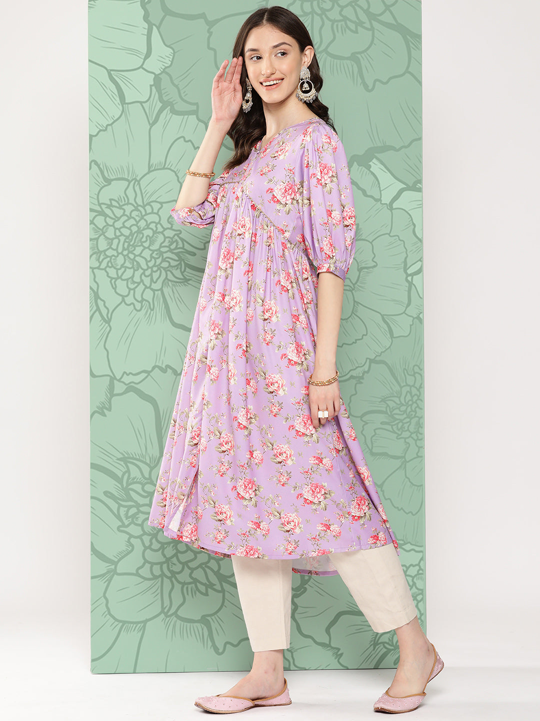 Janasya Women's Lavender Moss Digital Floral Printed Festive Flared Kurta | Grocsy
