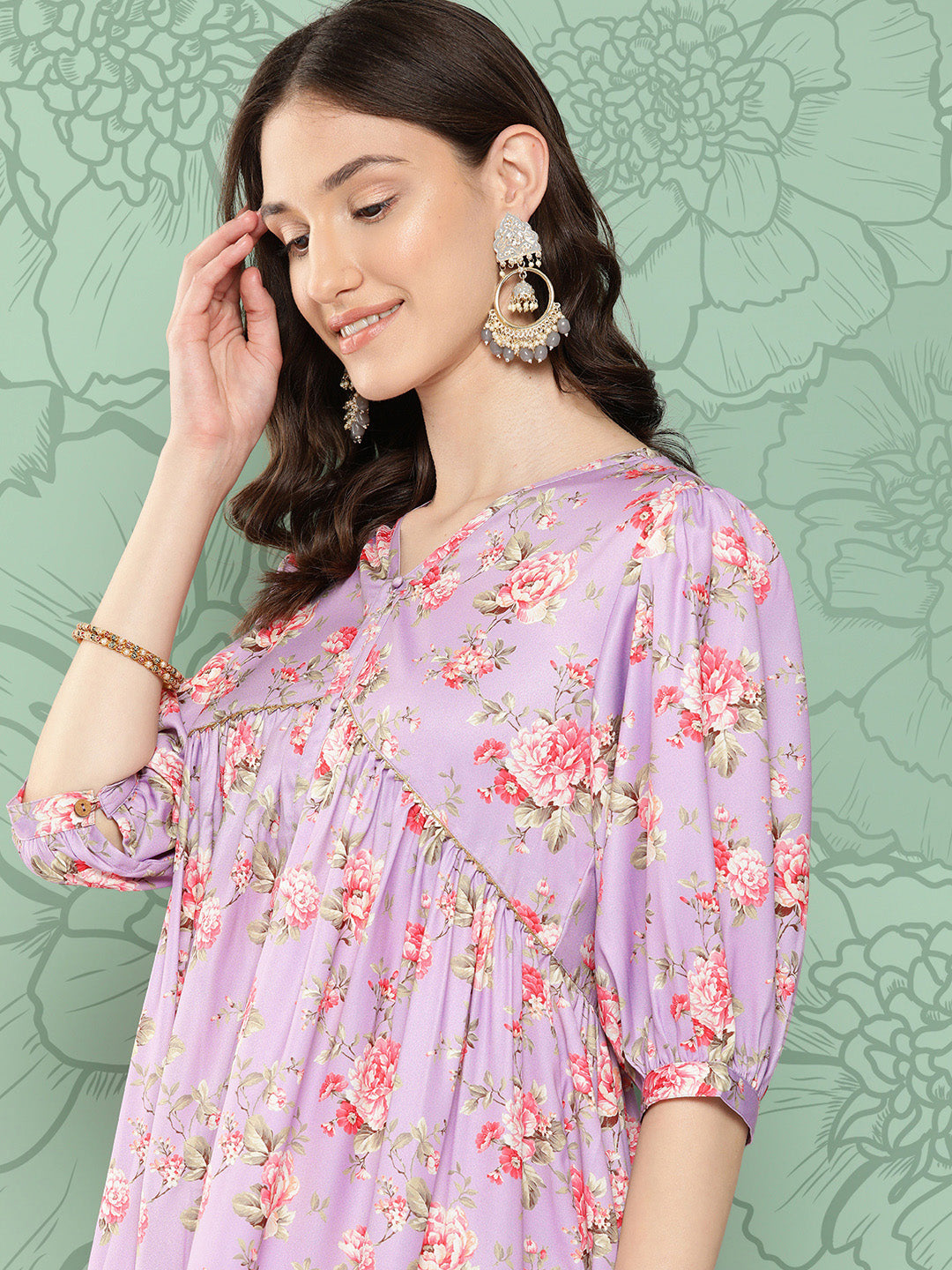Janasya Women's Lavender Moss Digital Floral Printed Festive Flared Kurta | Grocsy