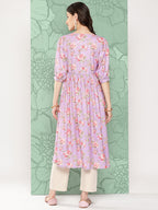 Janasya Women's Lavender Moss Digital Floral Printed Festive Flared Kurta | Grocsy