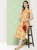 Janasya Women's Yellow Moss Digital Floral Printed Casual Straight Kurta | Grocsy
