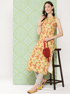 Janasya Women's Yellow Moss Digital Floral Printed Casual Straight Kurta | Grocsy